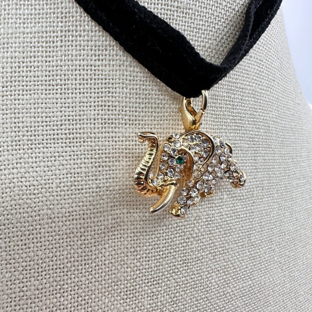 Vintage 90s Gold Tone Elephant Choker Necklace with Clear Glass & Green Eye